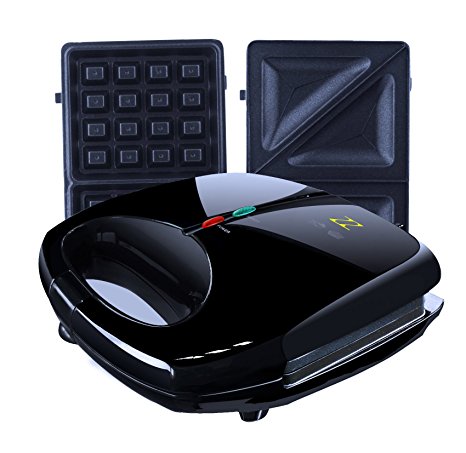 ZZ S6142B 2-in-1 Waffle & Sandwich Maker with 2 Sets of Detachable Non-Stick Plates, Black