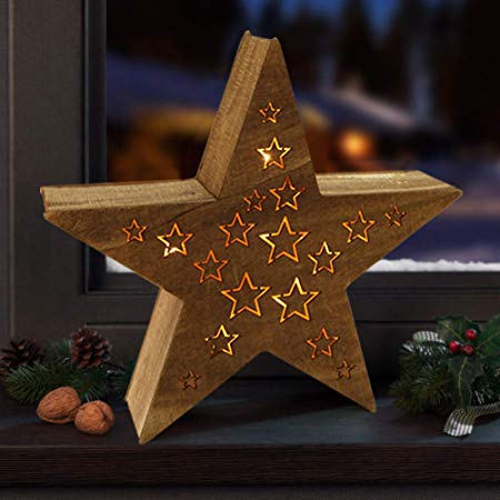 Bright Zeal 3D Wooden Five Pointed Star LED Lights (14" Wide Star, 8hr Timer, Batteries Included) - Lighted Wooden Star - Decorative Signs Christmas Decorations - LED Star Lights Wooden Xmas Decor