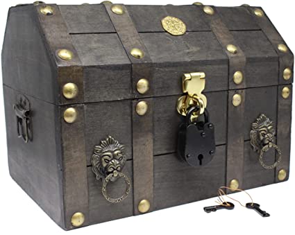 Well Pack Box Pirate Treasure Chest Box 13"x 9"x 9" with Antique Lock Key Distressed Brown (Large)
