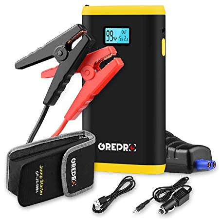 GREPRO Car Battery Jump Starter 500A Peak Jump Starter Battery Pack (Up to 4.5L Gas, 2.5L Diesel Engine) 12V Battery Booster, 9000mAh Portable Power Pack with Quick Charge and Built-in LED Flashlight