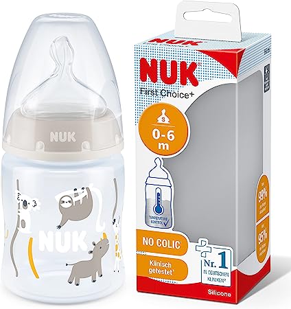 NUK First Choice  Baby Bottle| 0-6 Months | Temperature Control | Anti Colic Vent | 150 ml | BPA-Free | Silicone Teat | Safari (Beige)