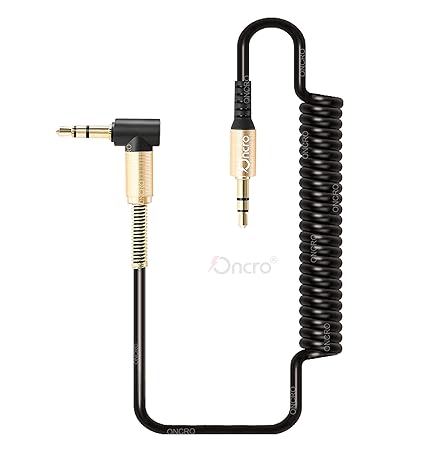 ONCRO® Male to Male 3.5 mm aux cable, Elbow L shape Stretchable spiral Telescopic Coiled, 90 Degree Right Angle with Steel Spring Relief for Headphones, smartphones, Home/Car Stereos and More