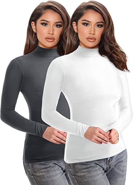 Mrignt 2 Pack Women’s Turtleneck Slim Fit Tops Long Sleeve Soft Polyester Fleece Lined Base Layer Shirts