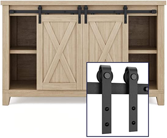 SMARTSTANDARD 4FT Super Mini Double Door Cabinet Sliding Barn Door Hardware Kit -Smoothly and Quietly -for TV Stand, Closet, Window -Fit 12" Wide Door Panel -J Shape Hanger (NO Cabinet)