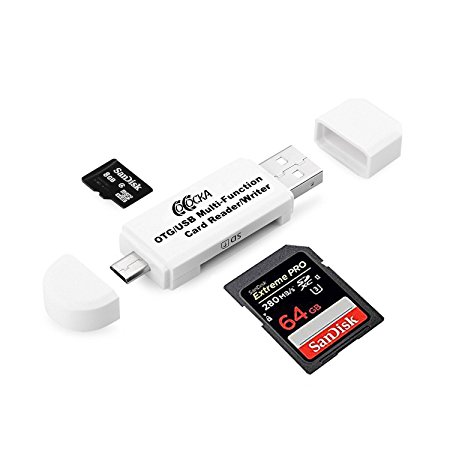 White Micro USB OTG to USB 2.0 Adapter; SD/Micro SD Card Reader with standard USB Male & Micro USB Male Connector for Smartphones/Tablets with OTG Function