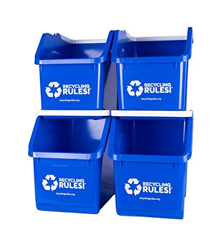 Blue Stackable Recycling Bin Container with Handle 6 Gallon - 4 Pack of Bins