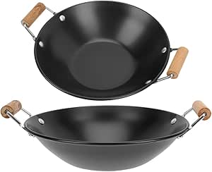 DOITOOL 2PCS Wok Pan Nonstick, Carbon Steel Flat Bottom Wok with Wooden Handles, Chinese Wok for Electric, Gas, Halogen, Restaurant Kitchen