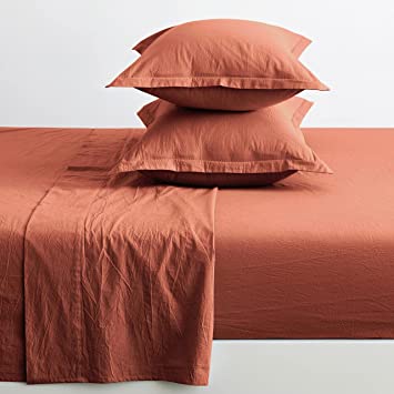 Eikei Washed Cotton Chambray Fitted Sheet Set Solid Color Casual Modern Style Bedding Set Relaxed Soft Feel Natural Wrinkled Look (Rust, Queen) WC-FFC