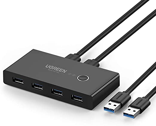 UGREEN 4 Ports USB 3.0 Teilen USB Switch für 2 PCs 2 In 4 Out Umschalter mit 2 USB 3.0 Kabel für Drucker, Scanner, Tastatur, USB Sticks, Festplatten, Maus, Headset usw Schwarz