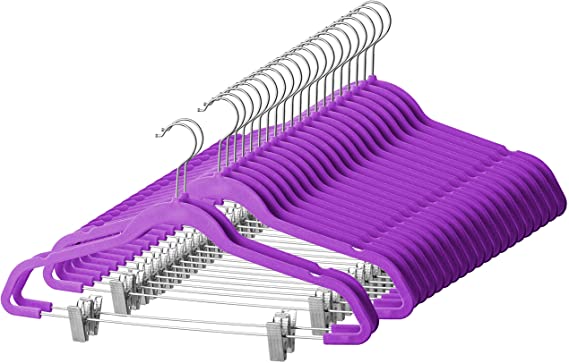 ZOBER Premium Quality Space Saving Velvet Pants Hangers Strong and Durable, with Metal Clips - 360 Degree Chrome Swivel Hook - Ultra Thin Non Slip Skirt Hangers, with Notches (Purple)