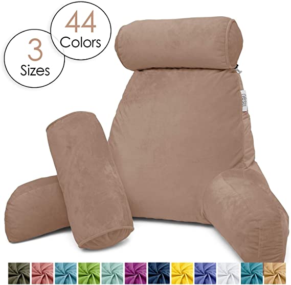 Nestl Reading Pillow, Includes 1 Extra Large Bed Rest Pillow with Arms   2 Detachable Pillows - Premium Shredded Memory Foam TV Pillow, Neck Roll & Lumbar Support Pillow - Set of 3 - Taupe Sand