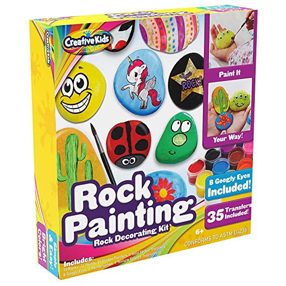 Rock Painting Outdoor Activity Kit for Kids – DIY Art Set w/ 10 Hide and Seek Stones, 12 Acrylic Paint Tubes & 2 Brushes – Fun Googly Eyes, Easy Transfer Design for Boys & Girls