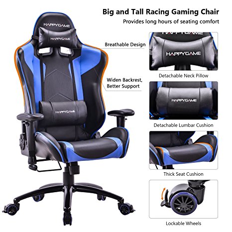 HAPPYGAME Big and Tall 400lb Gaming Chair - Adjustable Tilt, Back Angle Ergonomic High Back Racing Leather Executive Computer Desk Office Chair with Padded Headrest and Lumbar Support