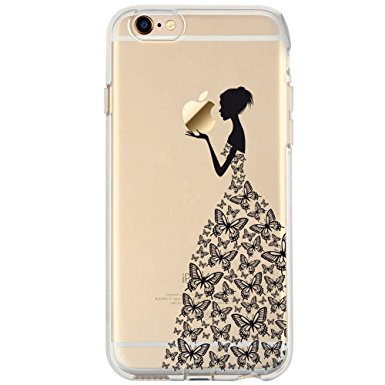 iPhone 6 Case, iPhone 6s Case, JAHOLAN TPU Silicone Gel Soft Bumper Clear Case Cover for Iphone 6 6S (Henna Series Black Beautiful Butterfly Girl)