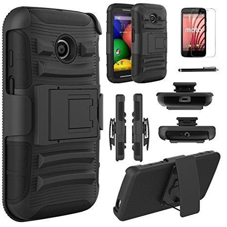 Moto E (1st Gen.) Case, Elegant Choise High Impact Armor Rugged  Hybrid Holster Shockproof Case Cover with Kickstand and Belt Swivel Clip for Moto E (1st Gen.) XT1021 / XT1022 / XT1025 (Black)