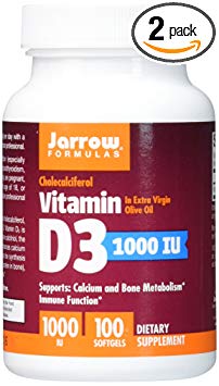 Jarrow Formulas Vitamin D3, Supports Calcium and Bone Metabolism, Immune Function, 1,000 IU, 100 Softgels, (Pack of 2)