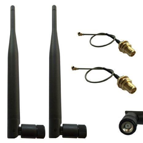 HUACAM HCM16 2 x 24GHz 6dBi Indoor Omni-directional Antenna 80211nbg RP-SMA Female Connector  2 x 12cm UFL Mini PCI to RP-SMA Pigtail Antenna WiFi Cable