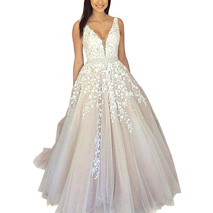 ABaowedding Women's Wedding Dress for Bride Lace Applique Evening Dress V Neck Straps Ball Gowns