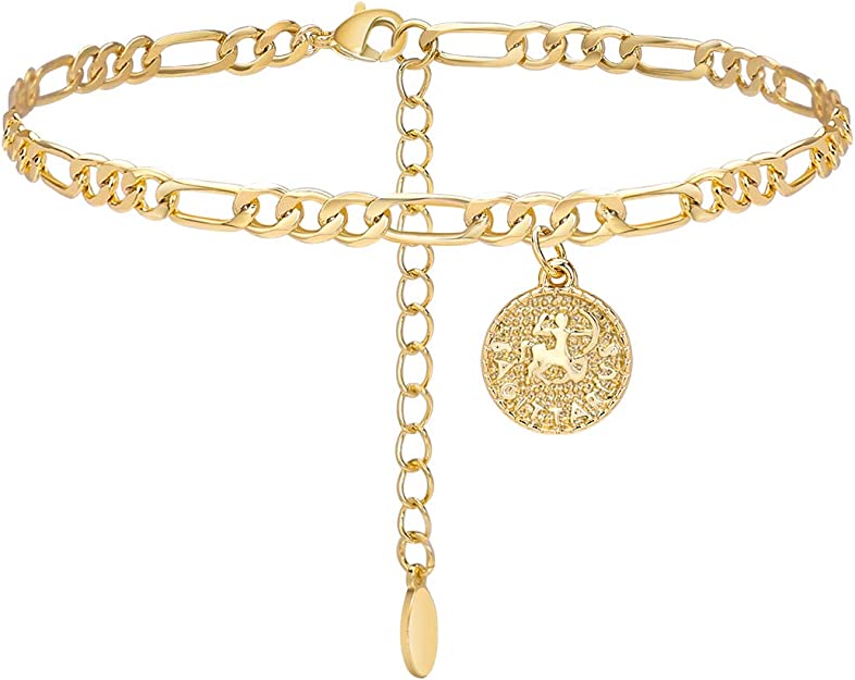 Lcherry Gold Plated Anklets for Women Dainty Zodiac Constellation Anklet Zodiac Sign Disc Ankle Bracelet 14K Real Gold Plated Anklets for Women