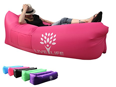 INFLATABLE LOUNGER AIR SOFA HAMMOCK. DURABLE RIPSTOP NYLON. WATERPROOF FLOATS INDOOR OUTDOOR. CAMPING HIKING POOL BEACH PARK BACKYARD. CARRYING BAG 2 POCKETS BOTTLE OPENER STAKE WITH LOOP WARRANTY!