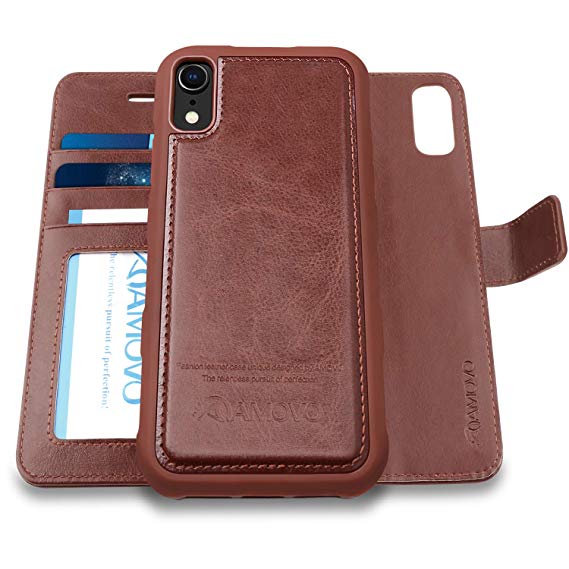 AMOVO Case for iPhone XR [2 in 1] iPhone XR Wallet Case Detachable [Vegan Leather] [Kickstand] iPhone XR Flip Case (6.1’’) with Gift Box Package (iPhone XR (6.1'') Brown)