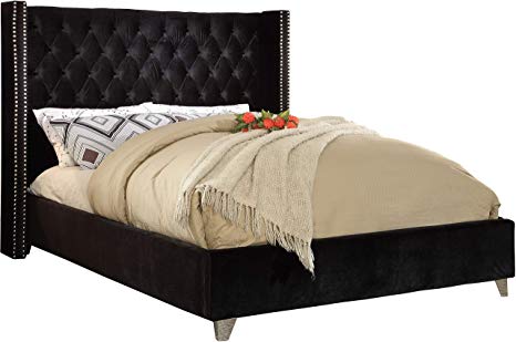 Meridian Furniture AidenBlack-K Aiden Velvet Upholstered Button Tufted Wingback Bed with Chrome Nailhead Trim and Custom Chrome Legs, King, Black
