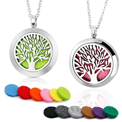 [2 Pack] BRIGHTSHOW Aromatherapy Essential Oil Diffuser Necklace-Stainless Steel Tree of Life Locket Pendant,10 Refill Pads