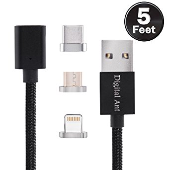 Digital Ant Gen4 Nylon Braided 3 in 1 Super Magnetic Charging & Data Sync Cable for i-Product, Mobile Devices with Micro-USB and USB-C/Type-C (5 Feet Black)