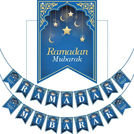 Ramadan Mubarak Banner - No DIY Required Muslim Ramadan Party Supplies Decorations, Blue Ramadan Kareem Celebration Decoration for Muslim (Ramadan Mubarak)