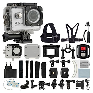 4K HD DV 16MP Sports Action Camera (White) - Wi-Fi   Wrist RF   170° Wide Angle Lens   Waterproof Case & Backdoor   Bike Mount   Chest & Head Strap   Monopod/Selfie - Deluxe Valued Accessory Bundle