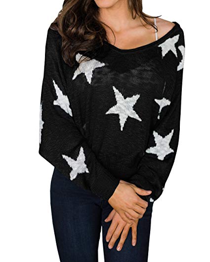 Pxmoda Womens Casual Long Batwing Sleeve Knit Tops V Neck Star Print Pullover Sweater