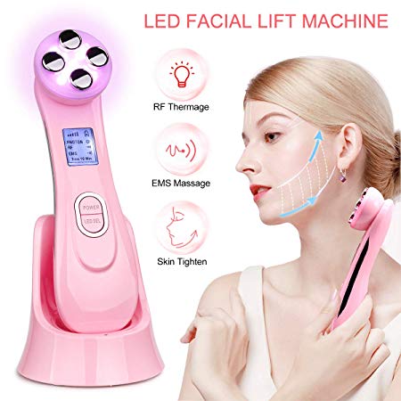 L-E-D Face Light Machine 5 in 1 R-F Skin Tightening Facial Lifting Machine Red Light Anti Aging Device for Wrinkle Remover EMS Neck Firming Massager Skin Care Beauty Device for Women