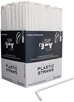 Crystalware Bulk Pack of 380 Flexible Plastic Drinking Straws - White, Individually Wrapped, Food-Safe BPA Free, 7.75 Inches Long (380/Box)