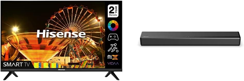 Hisense 32A4EGTUK (32 Inch) HD Smart TV, with Natural Colour Enhancer, DTS Virtual X, VIDAA U5 OS, Youtube, Netflix, Disney HS214 2.1Ch All- In-One 108W Soundbar with Built-In Subwoofer