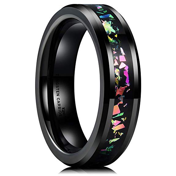 King Will Nature Mens 6mm Black Tungsten Carbide Ring Inlaid with Opal Fragments/Multicolor Fragments Wedding Band