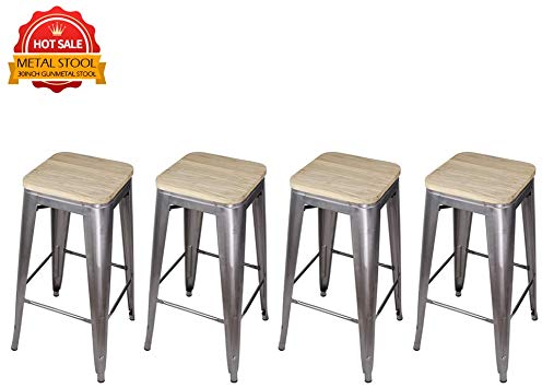 Gia Design Group Gunmetal 30" Metal Stool with Light Wooden Seat(Set of 4) - Weight Capacity of 300  Pounds - Ready to Use - Extra Durable and Stackable