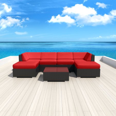 Luxxella Patio Outdoor Wicker Furniture Sunbrella Genuine Collection Mallina 7-piece Couch Sectional Sofa Set Canvas Jockey Red 5403