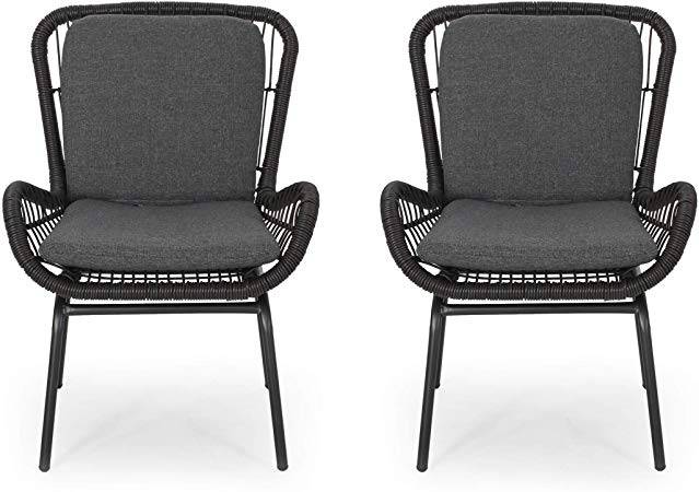 Alice Outdoor Wicker Club Chair with Cushions (Set of 2), Gray and Dark Gray