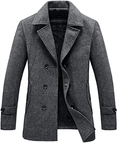 RongYue Men's Winter Double Breasted Wool Blend Coat Classic Pea Coat