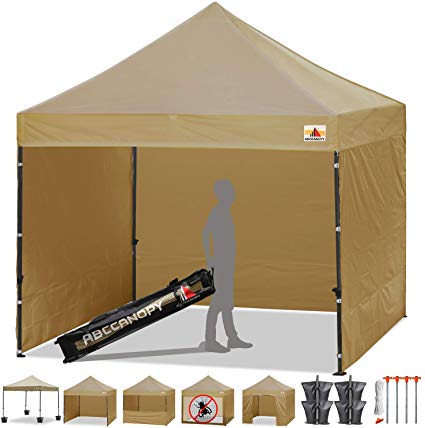 ABCCANOPY Canopy Tent Popup Canopy 10x10 Pop Up Canopies Commercial Tents Market stall with 6 Removable Sidewalls and Roller Bag Bonus 4 Weight Bags and 10ft Screen Netting and Half Wall, Beige