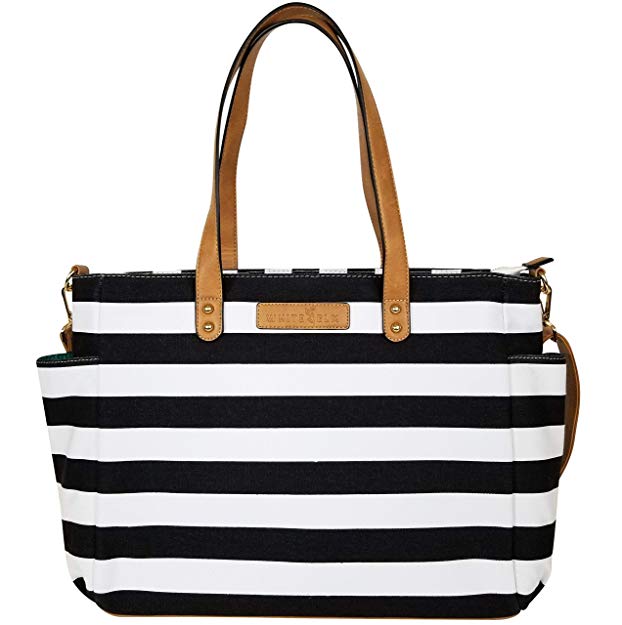 Striped Tote Bag by White Elm | The Aquila (New Edition)| Canvas & Vegan Leather | Gray, Black or Navy Blue