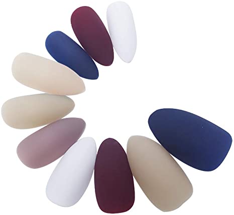 SIUSIO 120Pcs Colorful Fake nails Full Cover Acrylic Medium Matte Stiletto Top Coat Shape for Salons and DIY Covered Gel False Nail Art Tips Sets for Women and Girls(White Milk Tea Nude Blue Wine Red)