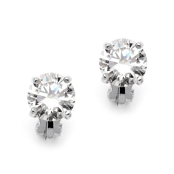 Mariell Silver Platinum-Plated 2 Carat CZ Clip-On Earrings - 8mm Round-Cut Solitaire Cubic Zirconia Studs
