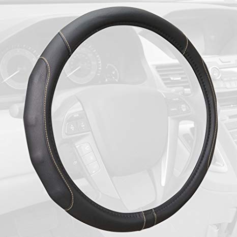 Motor Trend GripDrive Synthetic Leather Auto Car Steering Wheel Cover Black w/Beige Accent Stitching Comfort Grip - Standard 15 inch