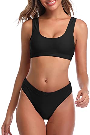 Bikini Sets Sport Swimsuit Low Scoop Crop Top High Waisted High Cut Cheeky Bottom