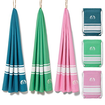 Eden Cove Beach Towel with Drawstring Pouch Bag. Quick Dry, Super Absorbent and Compact. Our Microfiber Beach Towels are all Extra Large and available in Blue, Green & Pink. Discover your Paradise.