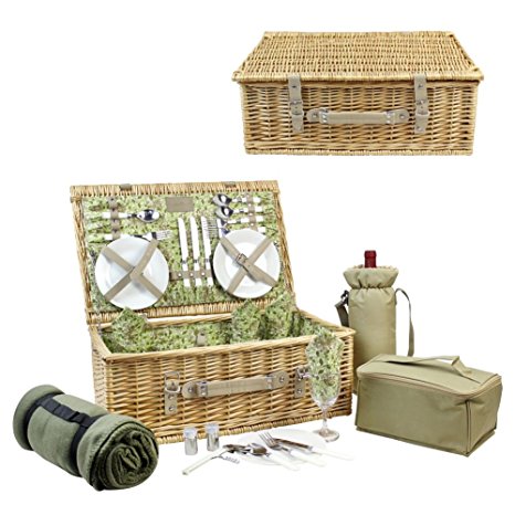 HappyPicnic Picnic Basket for 4, Nature Wicker Picnic Hamper,Willow Picnic Set with Wine Bag, Cooler Tote, Blanket and Tableware (Beige PU)