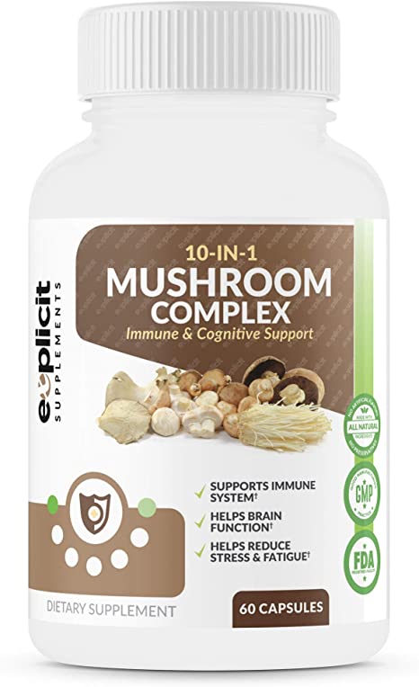 Complete Mushroom Supplement with 10 Mushroom Extracts & Blends (Cordyceps, Reishi, Shiitake, Lions Mane, Maitake, Turkey Tail, Chaga, Royal Sun, White Button, Black Fungus Mushroom) - 60 Caps