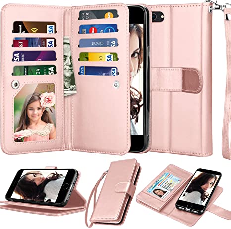 Njjex Wallet Case For iPhone SE 2020/SE2, for iPhone 8/iPhone 7 Case, [9 Card Slots] PU Leather Credit Holder Folio Flip [Detachable] Kickstand Lanyard Magnetic Phone Cover For iPhone SE 2nd -RoseGold