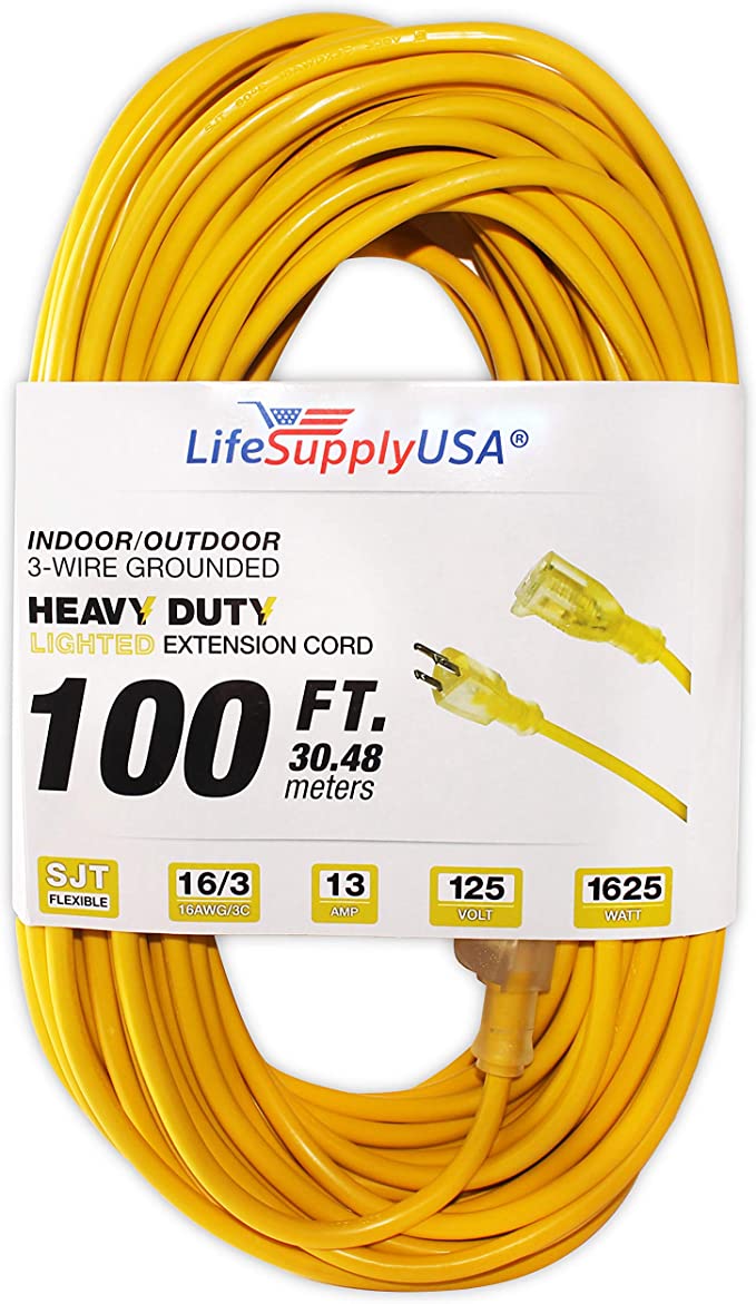 LifeSupplyUSA 16/3 100ft SJT 13 Amp 125 Volt 1625 Watt Lighted End Indoor/Outdoor Heavy Duty Extension Cord (100 Feet)